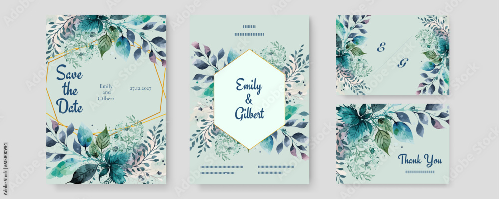 colorful colourful floral flower vector watercolor colorfull wedding invitation card template set with golden floral decoration