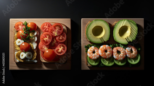 some food that is on a wooden cutting board next to an avocal, shrimp, tomato and egg photo