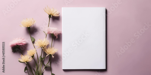 Floral mockup  empty blank with flowers. Template for birthday celebration  wedding invitation  banner  cosmetics or spa ads. Copy space.Summer flower composition.Top view. Flat Lay.Generative ai