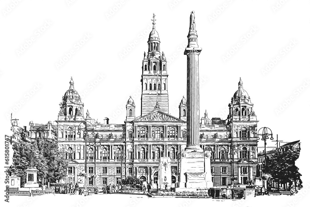 George Square and Glasgow City Chambers, the main civic square in Glasgow, Scotland, ink sketch illustration.