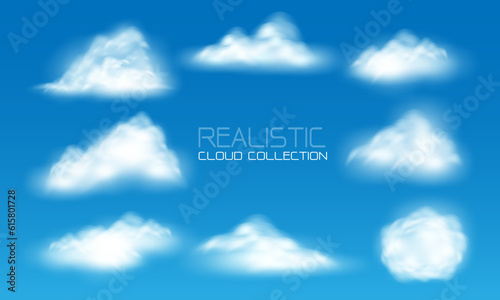 Realistic white cloud fog smoke set collection on blue sky background vector