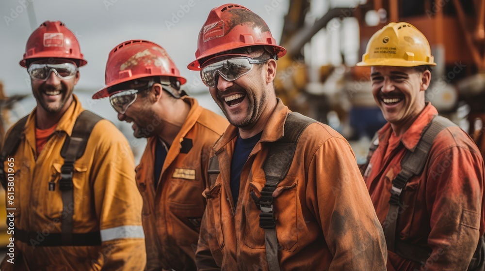 Generative AI group of offshore oil rig worker wearing personal protective equipment Generative AI group of offshore oil rig worker wearing personal protective equipment