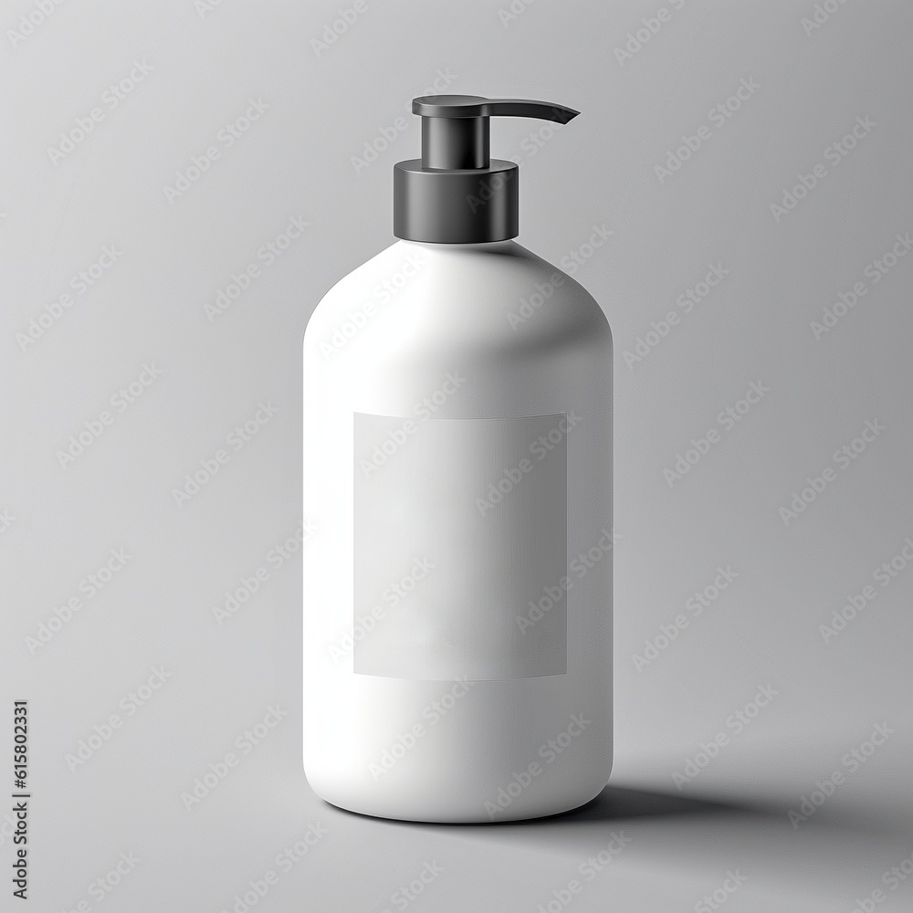 Mockup of a Blank Labeled Bottle of Lotion with Green Leaves on a White Background Mockup of a Blank Labeled Bottle of Lotion with Green Leaves on a White Background