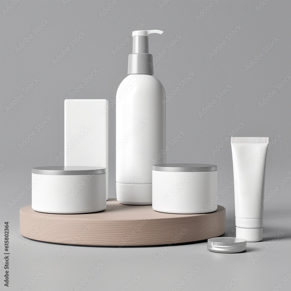 Mockup of Blank Set of White Cosmetic Products on a Wooden Stand Mockup of Blank Set of White Cosmetic Products on a Wooden Stand