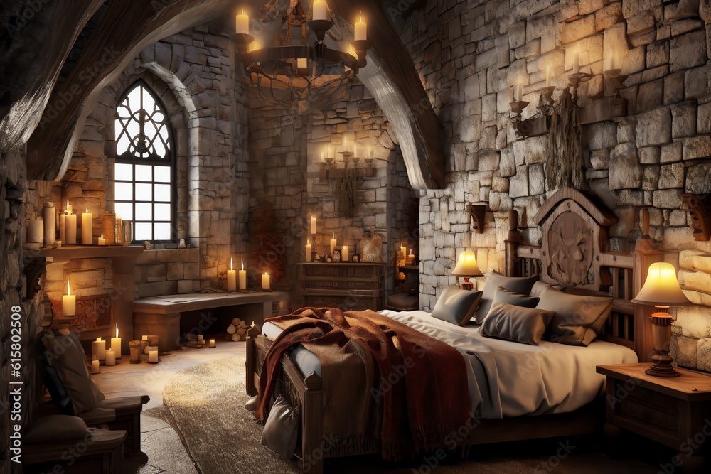 Medieval castle themed bedroom featuring stone walls
