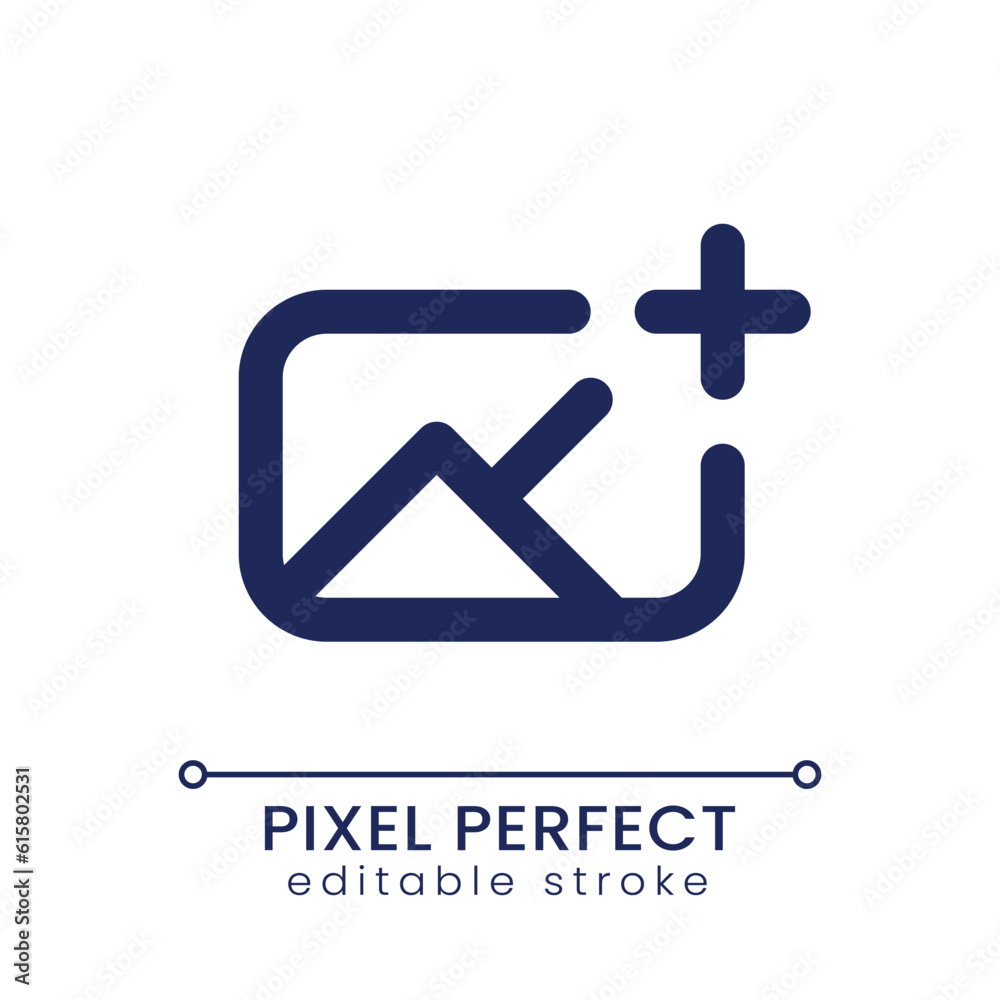 Obraz premium Add image pixel perfect linear ui icon. Insert photo into footage. Editing tool. Overlay picture on video. GUI, UX design. Outline isolated user interface element for app and web. Editable stroke