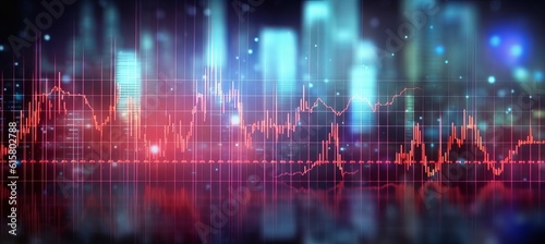 Finance recession chart stock market analysis with blurred glow city background. Generative AI technology.