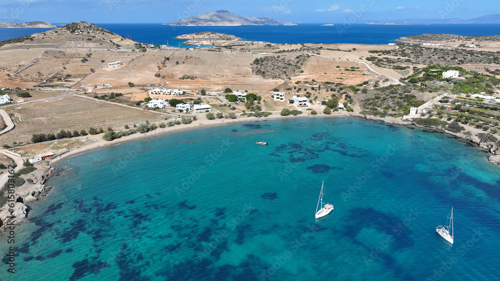 Aerial drone photo of paradise beach of Livadi in small islannd of Schoinousa, Small Cyclades, Greece