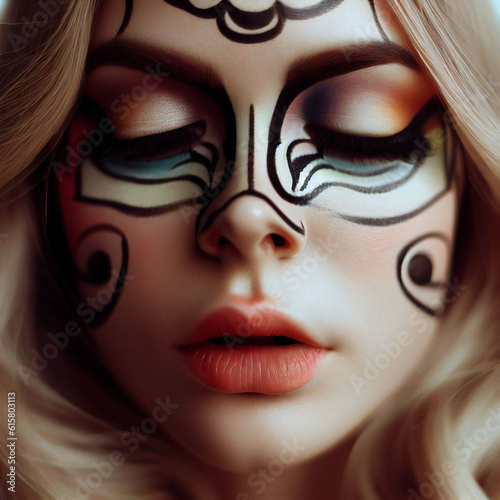 Introducing a captivating vision of beauty, behold a stunning girl adorned in an exquisite interplay of black and white face paint. Like an artistic masterpiece brought to life, her visage is a mesmer