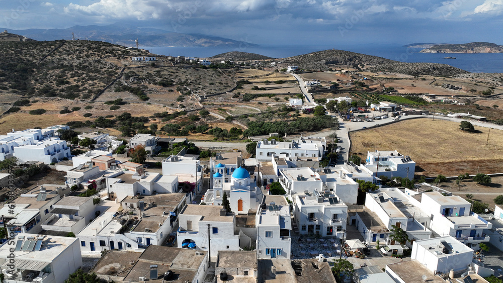 Aerial drone photo of small picturesque main town in island of Schoinousa, small Cyclades, Greece