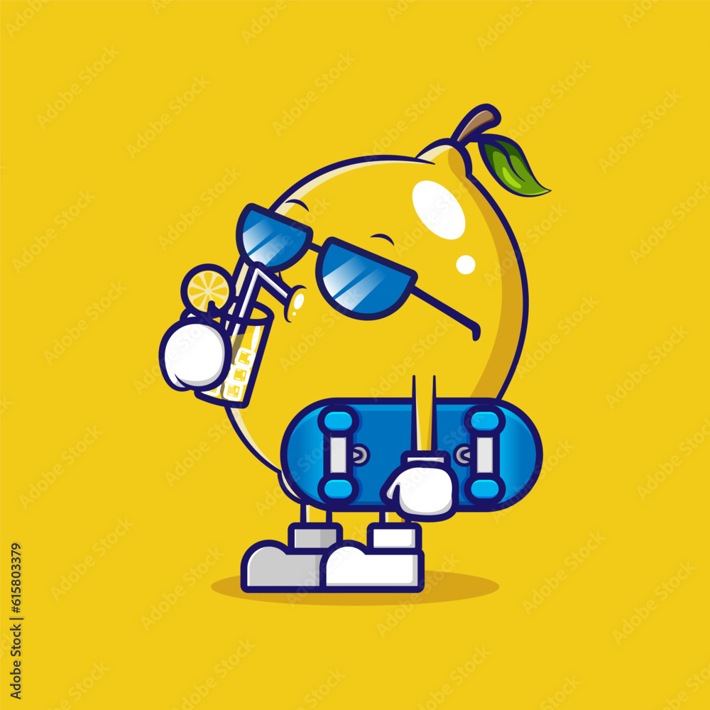 Lemon Mascot Enjoying Lemon Juice with Sunglasses
