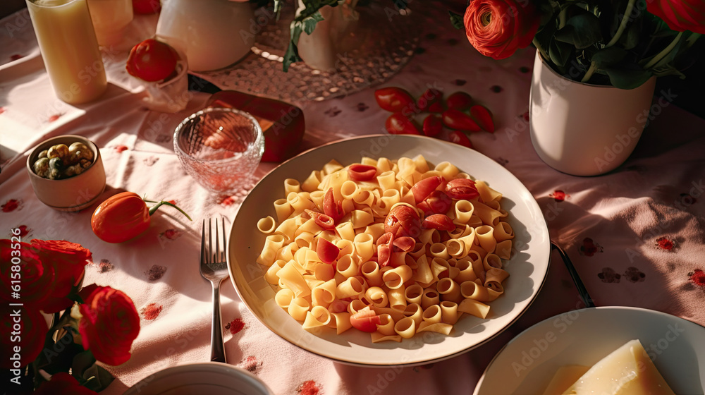 some food on a table with flowers and candles in the background, as seen from above it is a plate of pasta