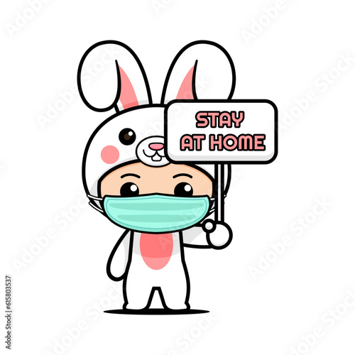 Adorable Bunny Mascot Holding 'Stay at Home' Sign - Vector Illustration