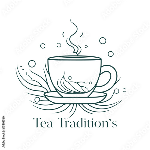Illustration of Herbal traditional Tea. Tea Cup, tea leaves. Oriental, Chinese tea logo template. Vector Image EPS 10. Flat minimalistic style