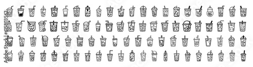 Boba or bubble milk tea drink icons. Pack of bubble milk tea icons on white background. Trendy beat signs for website, apps and UI. Flat design outline for logo, icon and design.