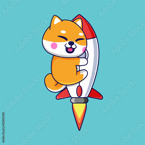 Cute Shiba Inu Hugging a Rocket - Vector Illustration