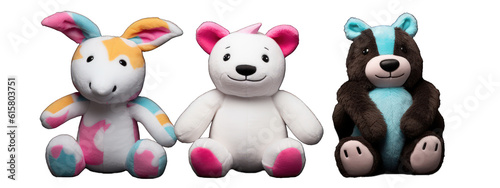 Cutout set of 3 stuffed animal toys illustration on a transparent background. Generative AI.