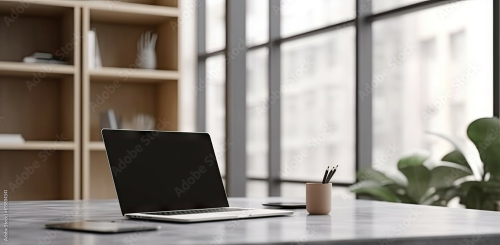 Modern Office Workspace with Laptop on Table for Business. Copy Space Available