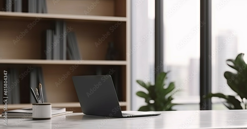 Modern Office Workspace with Laptop on Table for Business. Copy Space Available Modern Office Workspace with Laptop on Table for Business. Copy Space Available