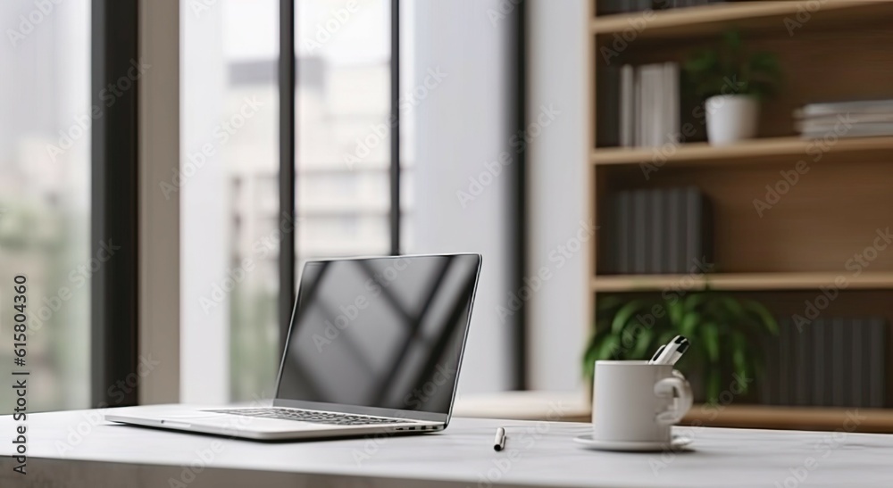 Modern Office Workspace with Laptop on Table for Business. Copy Space Available Modern Office Workspace with Laptop on Table for Business. Copy Space Available