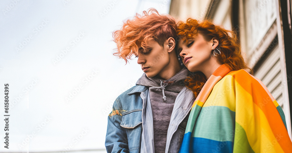 Portrait of young gay,lesbian couple embracing and showing their love with rainbow flag at the street. LGBTQ and love concept.