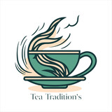 Illustration of Herbal traditional Tea. Tea Cup, tea leaves. Oriental, Chinese tea logo template. Vector Image EPS 10. Flat minimalistic style
