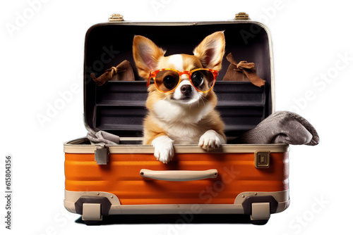 Fun corgi puppy dog with sunglasses sitting in a suitcaseillustration on a transparent background. Generative AI.