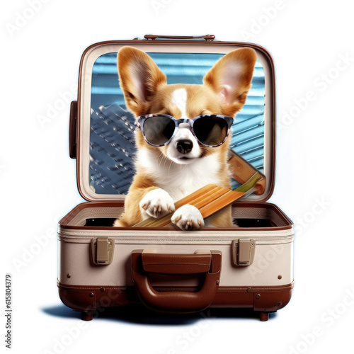 Fun corgi puppy dog with sunglasses sitting in a suitcaseillustration on a transparent background. Generative AI.