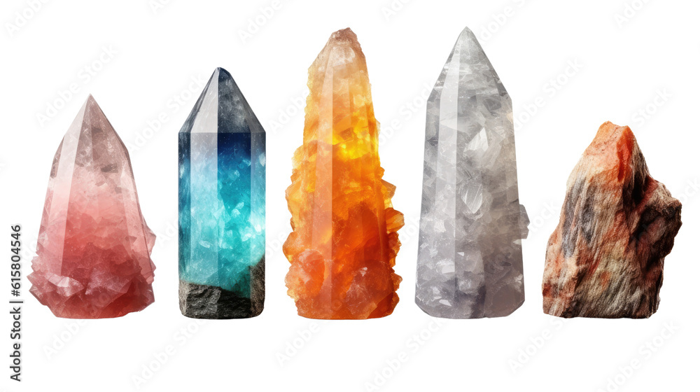 Photo of multicolored crystals chakre arranged in a beautiful pattern, transparent background png