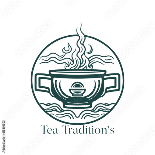 Illustration of Herbal traditional Tea. Tea Cup, tea leaves. Oriental, Chinese tea logo template. Vector Image EPS 10. Flat minimalistic style