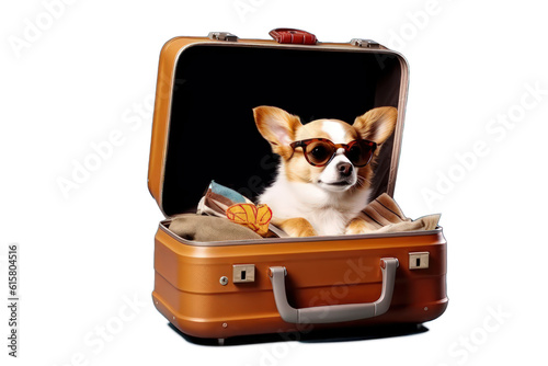 Fun corgi puppy dog with sunglasses sitting in a suitcaseillustration on a transparent background. Generative AI.