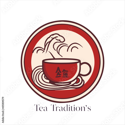 Fototapeta Naklejka Na Ścianę i Meble -  Illustration of Herbal traditional Tea. Tea Cup, tea leaves. Oriental, Chinese tea logo template. Vector Image EPS 10. Flat minimalistic style