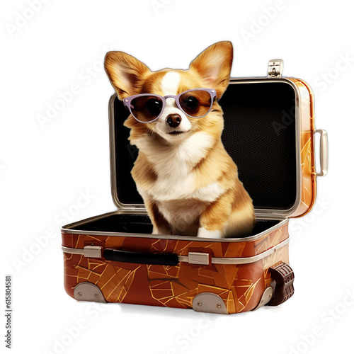 Fun corgi puppy dog with sunglasses sitting in a suitcaseillustration on a transparent background. Generative AI.