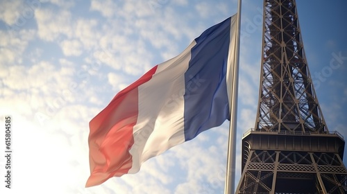 Waving flag of France with Eiffel tower in the background made with Ai generative technology photo