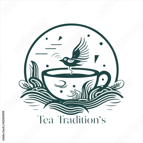 Illustration of Herbal traditional Tea. Tea Cup, tea leaves. Oriental, Chinese tea logo template. Vector Image EPS 10. Flat minimalistic style