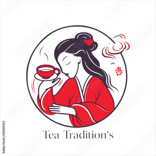 Illustration of Herbal traditional Tea. Tea Cup, tea leaves. Oriental, Chinese tea logo template. Vector Image EPS 10. Flat minimalistic style