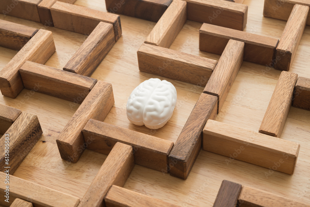 Human brain find search the exit way in wooden maze game background ...