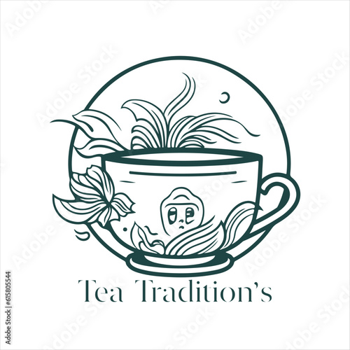 Illustration of Herbal traditional Tea. Tea Cup  tea leaves. Oriental  Chinese tea logo template. Vector Image EPS 10. Flat minimalistic style