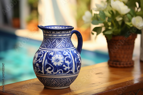  inspired pitcher vase made of hand painted ceramic, adorned with vibrant blue and white patterns. AI generative