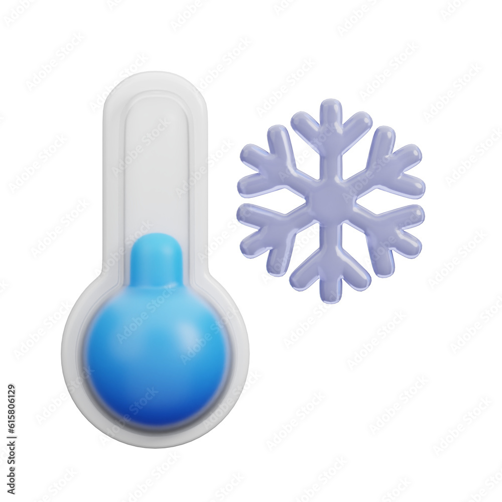 3D Cold thermometer and snowflake. Weather icons for forecast design application and web. 3d render illustration. 3D Cold thermometer and snowflake. Weather icons for forecast design application and web. 3d render illustration.