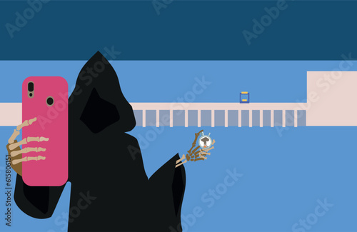 Death is photographed on mobile phone with stopwatch against  backdrop of  Dams Hydroelectric power plants. Concept of   blackmail Russia, destruction of   peaceful infrastructure of Ukraine