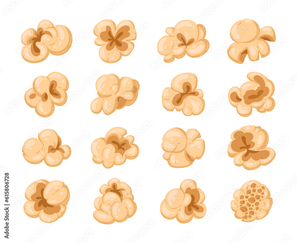 Popping corn set. Cartoon popcorn with salty or sweet flavour, movie watching snack, tasty popcorn shapes flat vector illustration collection Popping corn set. Cartoon popcorn with salty or sweet flavour, movie watching snack, tasty popcorn shapes flat vector illustration collection
