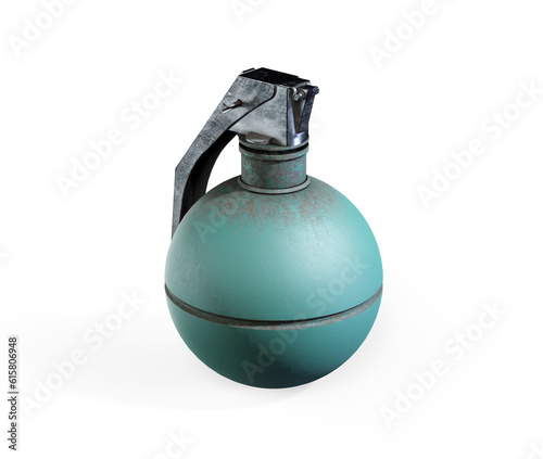 Hand grenade on a white background as an unexploded bomb object with a pin as a vintage explosive device icon isolated 3d render