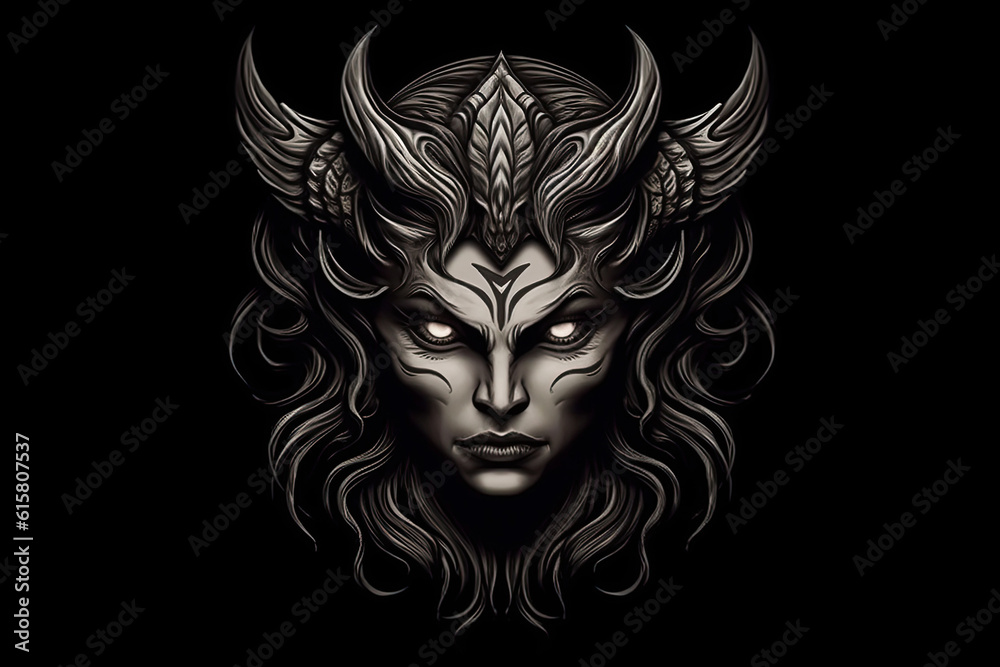 Demon woman logo of sexy devil isolated on black background. Generative AI illustration.