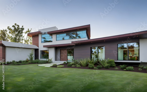 Modern minimalist house exterior display with green grass in the foreground © Supriyanto