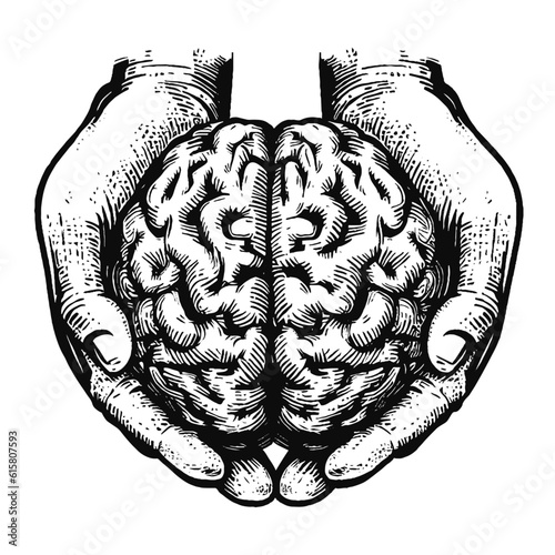 hands holding a brain sketch
