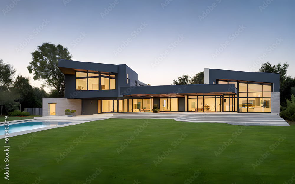 Modern minimalist house exterior display with green grass in the foreground