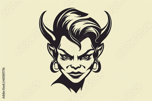 Devil demon woman logo with horns isolated on white background. Generative AI illustration. Colorful design with white background.