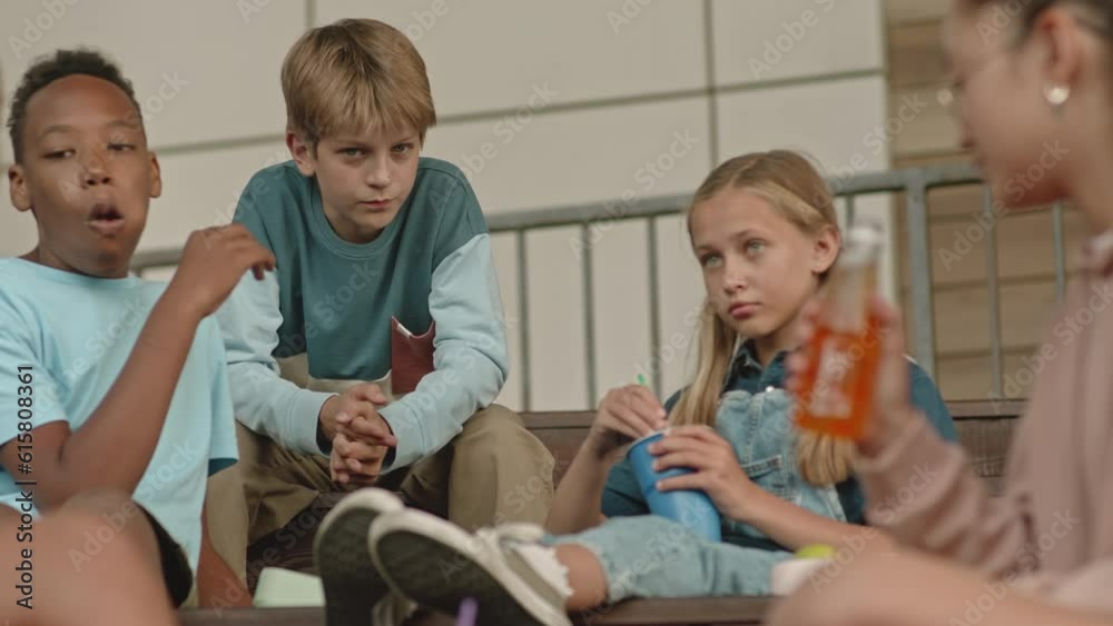Medium shot of multiracial preteen boys and girls chatting while having school lunch together sitting on outdoor stairs vídeo do Stock | Adobe Stock ▶11:14   