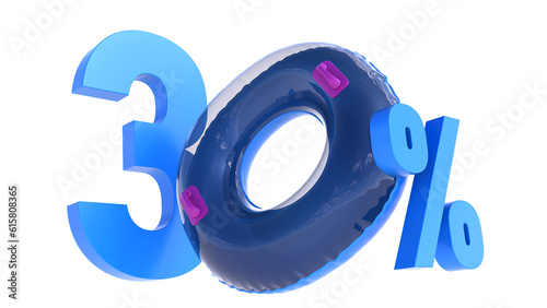 Summer sale banner, Big sale special up to 30% off, thirty percent with swiming ring isolated on white, 3D render